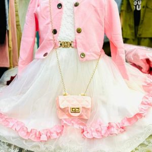 Children’s Pink Jacket with White Ruffled Dress and Matching Purse
