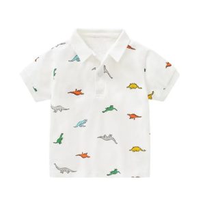 Children’s White Polo Shirt with Dinosaur Print