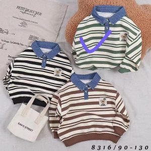 Children’s Striped Long-Sleeve Top with Bear Patch