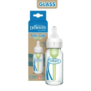 Dr. Brown’s Natural Flow Anti-Colic Narrow Glass Baby Bottle – Level 1 Slow Flow Nipple, 4oz / 120mL