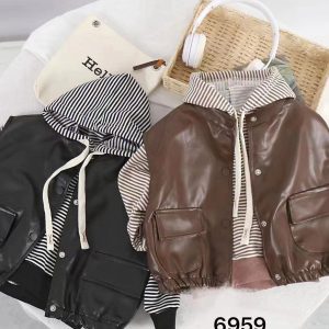 Children’s Faux Leather Hooded Jacket with Striped Hoodie