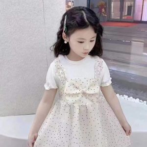 Girls’ White Polka Dot Dress with Bow Detail