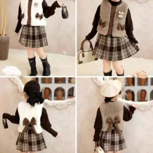 Children’s Two-Piece Outfit – Long-Sleeve Shirt with Fuzzy Vest and Plaid Skirt