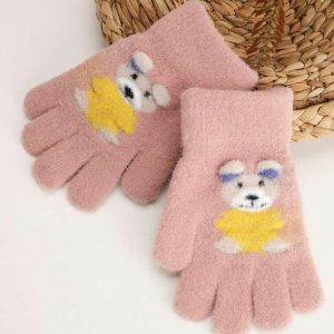 Passion Petals Unisex Self Design Acrylic Gloves With Bear Applique