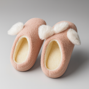 Pink Fuzzy House Slippers with White Bunny Ears